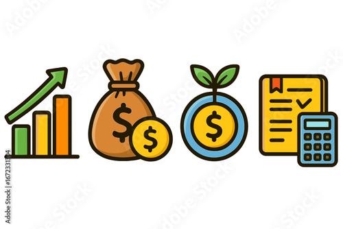 Financial icon set representing business growth, investment, savings, and accounting. Vector illustration of a profit chart, money bag, budget calculation, and financial report.