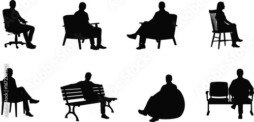 Silhouette collection of people sitting on various chairs and benches, black vector icons, casual posture poses, isolated on white.