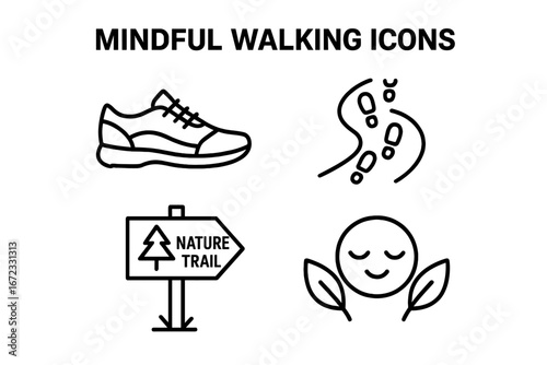 Mindful walking linear icon set. Mindfulness, relaxation, meditation & nature concept. Vector icons of shoe, path, footprints, trail sign. Mental health & wellbeing symbols.