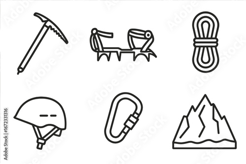Mountaineering gear icon set. Alpinism and climbing equipment icons. Line art vector illustration of an ice axe, crampons, rope, helmet, carabiner, and mountain peak symbol.