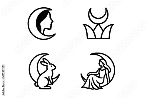 Mythical moon icon collection. Vector line art of lunar goddess silhouette, crescent crown, and moon rabbit. Esoteric symbols for mythology, magic, and divine feminine spirituality.