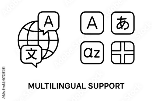 Multilingual support line icon set. Language translation, localization and international communication concept. Globe with speech bubbles, dictionary and global business icons.