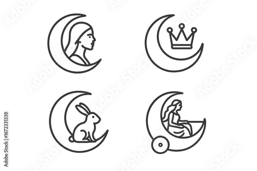 Mythical moon icons vector set. Lunar goddess Selene in crescent chariot. Line art mythology symbols, moon rabbit, celestial crown. Esoteric spiritual astrology logo collection.