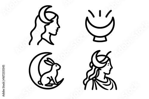 Mythical moon icon set. Outline vector symbols of mythology. Lunar goddess Selene silhouette with crescent crown. Moon rabbit from folklore. Magic, spiritual, esoteric signs.