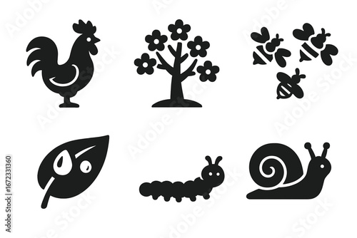 Nature awakening icon set. Solid glyphs of spring and morning. Rooster, blooming tree, bees, snail, caterpillar, leaf with dew. Farm and garden animals vector symbols collection.
