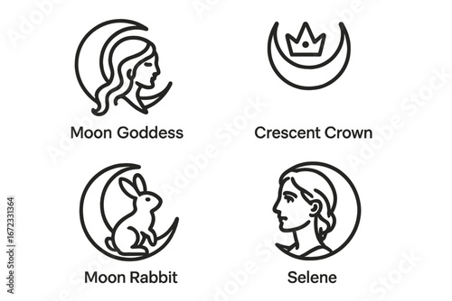 Mythical moon icon set with lunar goddess Selene, crescent crown and moon rabbit. Esoteric symbols for astrology, spirituality, and pagan branding. Feminine divine logo concept.