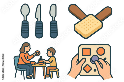 Occupational therapy icon set for pediatric rehabilitation. Vector collection of adaptive utensils, sensory brush, fine motor skill games for child development and treatment.