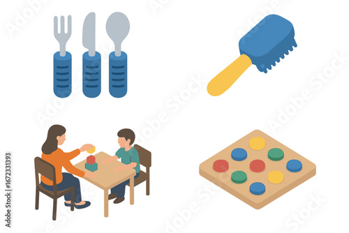 Isometric icon set for occupational therapy. Child development session, adaptive utensils, sensory brush, and peg board toy. Vector for rehabilitation and special needs.
