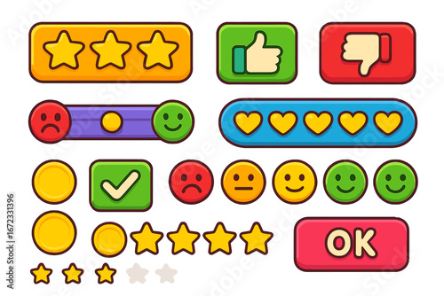 Game UI elements set. Cartoon vector for user interface. Feedback and rating system with stars, hearts, likes, dislikes. Customer review emoji smileys. GUI kit for app or web.