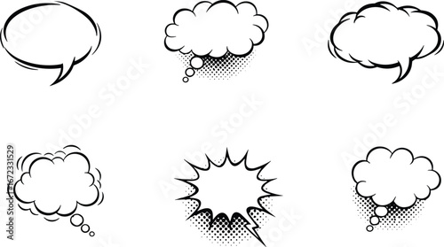 Set of comic book speech bubbles and thought clouds, black and white pop art style, expressive cartoon dialogue elements
