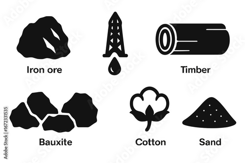 Raw materials vector icon set. Natural resources and commodities glyph collection. Solid icons of iron ore, crude oil, timber, coal, bauxite, cotton, and sand for industry.