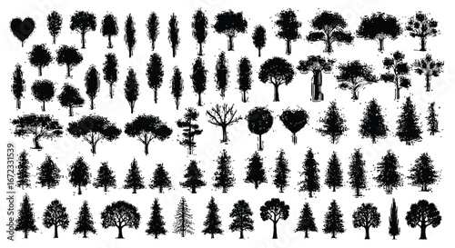 Collection of Diverse Black and White Tree Silhouettes