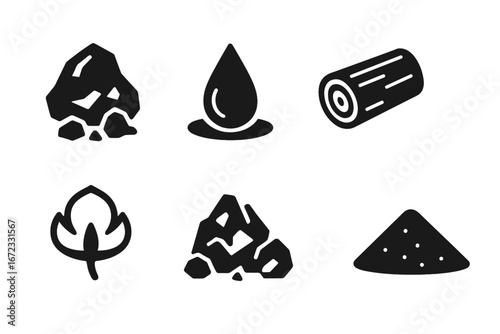 Raw materials solid icon set. Natural resources glyph collection. Industrial commodities vector. Includes iron ore, crude oil, timber, coal, cotton, bauxite, sand pictogram.