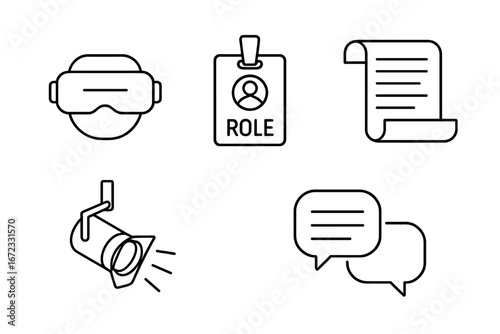 Role-play icon set for business training and simulation games. Vector outline icons of VR headset, role badge, script, stage spotlight, and dialogue for corporate education.