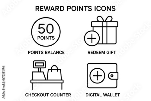Reward points line icon set. Loyalty program bonus and discount concept. Customer incentive with redeemable gift, points balance, checkout counter and digital wallet vector.