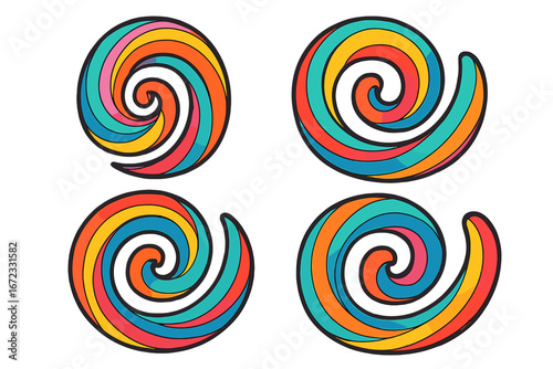 Set of colorful swirl icons. Vector abstract spiral shapes. Vibrant, modern graphic design elements. Cartoon style hypnotic twirls. Candy lollipop symbol collection isolated.