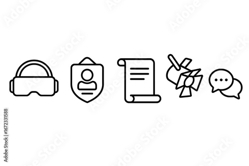 Vector icon set for role playing games and business simulation. Includes VR headset for virtual reality, actor ID badge, theater script, stage spotlight and dialogue bubble.