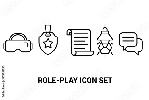 Role-play and simulation outline icon set. Vector icons for gaming, acting, and theater. Includes VR headset, police badge, script, stage spotlight, and dialogue bubbles.