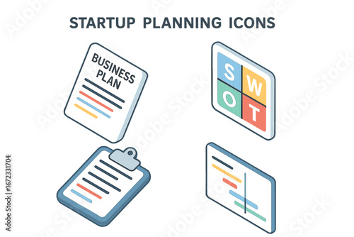 Isometric startup planning icon set for business strategy. Includes business plan document, SWOT analysis matrix, Gantt chart timeline, and project management clipboard. Vector.
