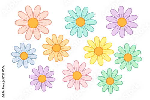 Set of cute groovy daisy flowers in pastel colors. Retro 70s floral collection for spring design. Vector cartoon illustration of colorful chamomile blossoms for decoration.