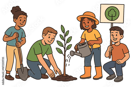 Kids community planting tree for environment. Volunteers teamwork for sustainability, nature conservation, ecology. Carbon offset project concept. Vector cartoon illustration.
