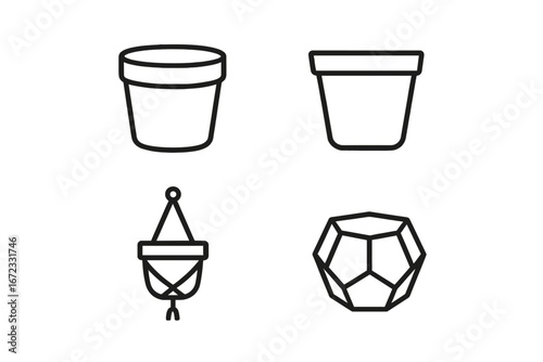 Planter icons vector set. Outline collection of modern plant pots including ceramic, terracotta, macramé hanger and geometric vase. Minimalist line art for home decor design.