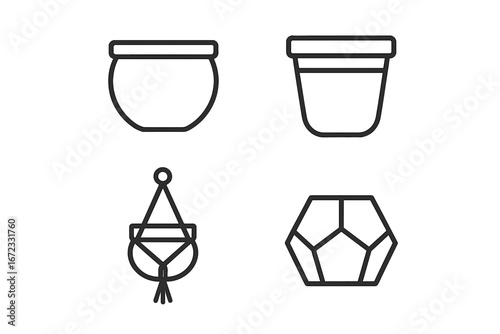 Planter and pot outline icon set. Vector collection of modern, stylish plant pots for home decor. Includes ceramic and terracotta pots, macrame hanger and a geometric planter.