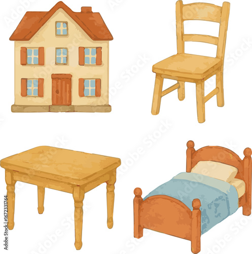 Collection of watercolor painted illustration of furniture such as a bed, chair, table and a house