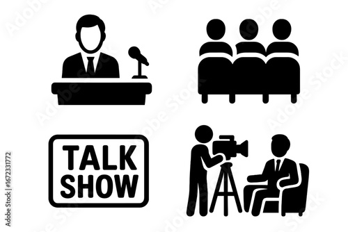 TV talk show solid icon set. Vector illustration of host at podium, guest interview with camera crew, live audience seating, and show sign. For broadcast media concept.