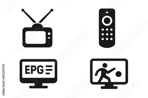 TV icons set solid glyph style. Television vector collection. Retro tv with antenna, remote control, EPG for electronic program guide, and sports channel broadcast symbol.