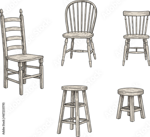 Rustic wooden chair and stool collection, vintage farmhouse seating furniture, antique hand-drawn style, detailed vector illustration set.