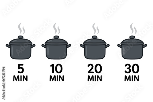 Cooking time guide with pot icons. 5, 10, 20, 30 minutes timer. Meal preparation instruction vector. Boiling time for food package. Recipe info graphic element. Utensil.