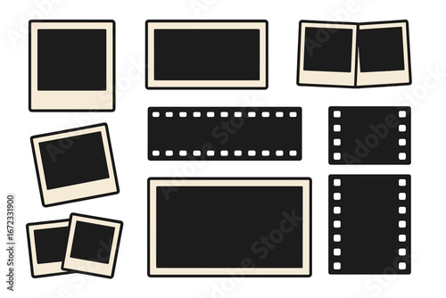 Vector collection of retro photo frames and film strips. Instant camera picture border. Vintage polaroid template set. Old photography negative. Scrapbook memory album element.