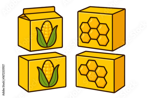 Corn and honey product packaging concept. Vector illustration set of yellow boxes and cartons with honeycomb and corn symbols. Natural organic food branding mockups design.