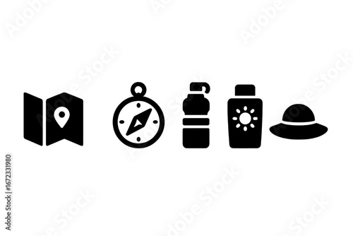 Travel and vacation essentials solid icon set. Glyph symbols for summer adventure, tourism, and outdoor activities. Vector collection of map, compass, water bottle, and sun hat.