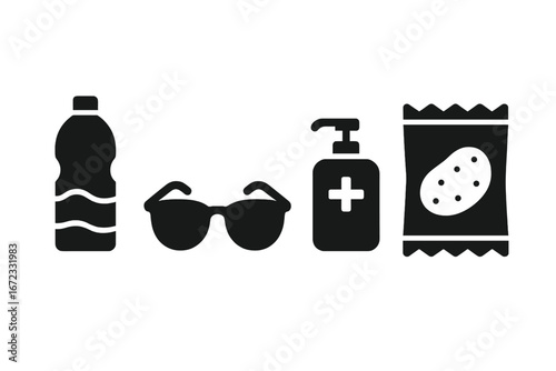 Travel essentials solid icon set. Vector glyph symbols for vacation and journey. Personal items for packing, water bottle, sunglasses, hand sanitizer, snacks, chips illustration.