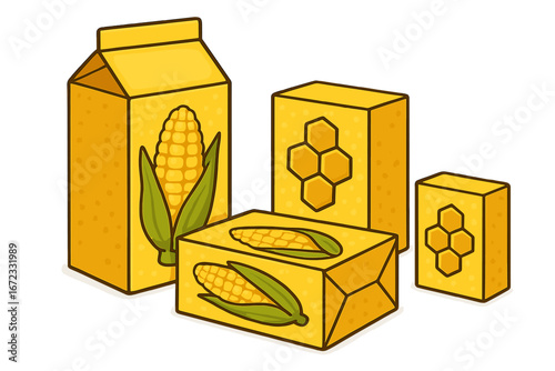 Corn flakes and honey cereal box packaging design set. Vector cartoon illustration of food product boxes. Organic corn and natural honey product concept. Isolated on white.
