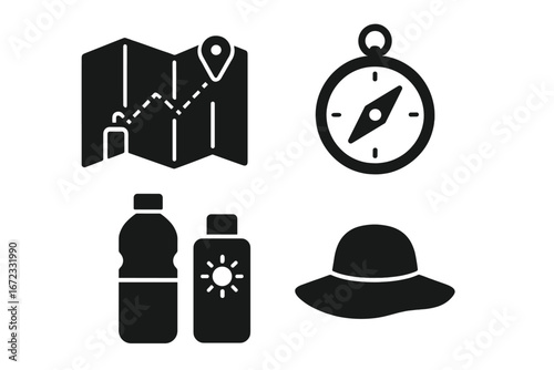 Travel essentials solid glyph icon set for adventure and vacation. Vector symbols of hiking gear. Map with route, compass, water bottle, sunscreen, and a wide-brimmed sun hat.
