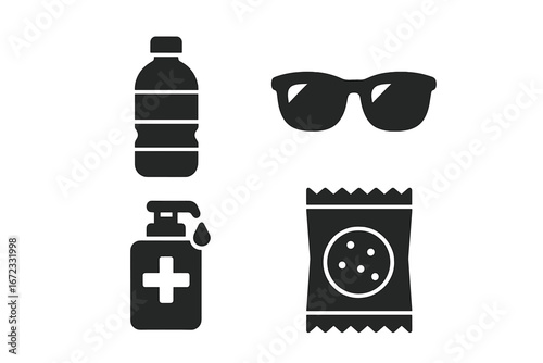 Travel essentials vector icon set. Solid glyphs of personal items for trip. Water bottle, sunglasses, hand sanitizer, snacks. Journey and vacation safety concept. Personal care.