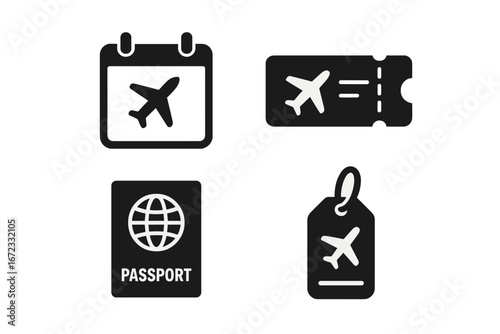 Travel icon set. Solid glyph pictograms for flight booking, vacation planning. Includes airplane ticket, passport, travel calendar and luggage tag symbols. Air journey vector.