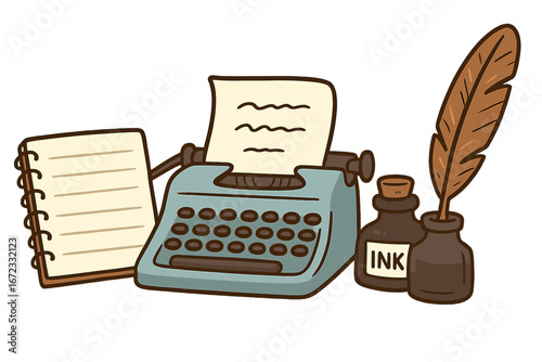 Creative writing tools concept. Vintage typewriter, quill pen, ink bottle and notebook. Author, journalist or copywriter equipment. Retro storytelling vector cartoon illustration.