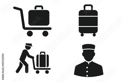 Travel icon set. Hotel service and airport assistance concept. Luggage trolley, suitcase, and bellhop porter symbols. Solid glyph collection for baggage handling vector pack.