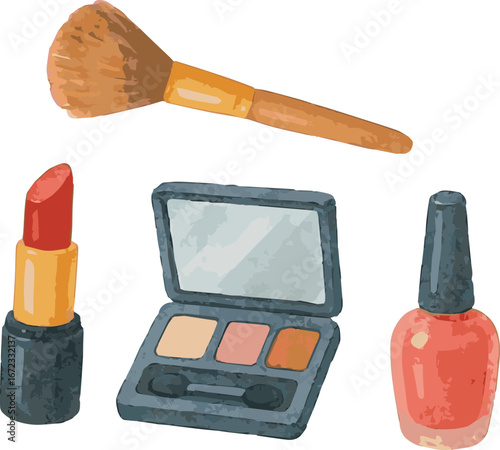 Collection of watercolor painted illustration of makeup stuff