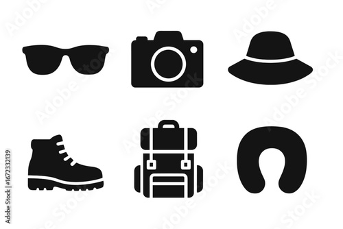 Travel and tourism solid glyph icon set. Adventure and vacation essentials: sunglasses, photo camera, sun hat, hiking boot, backpack, and neck pillow. Isolated vector.