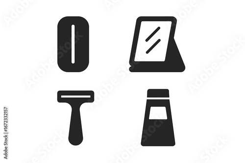 Travel shaving gear icon set. Solid fill glyph style icons for personal hygiene and grooming. Vector illustration of travel razor, case, foldable mirror, and shaving cream.