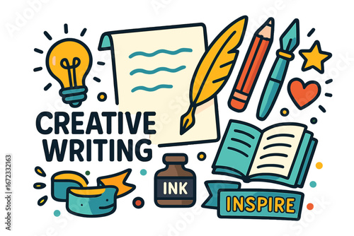 Creative writing concept vector illustration. Storytelling, copywriting, and content creation. Writer inspiration with book, pen, quill, lightbulb idea, ink. Literature, poetry.