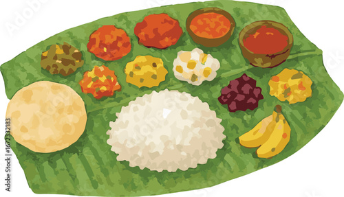 Watercolor vector illustration of an onasadya indian dish
