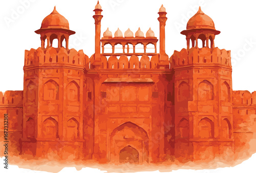 Watercolor vector illustration of a red fort