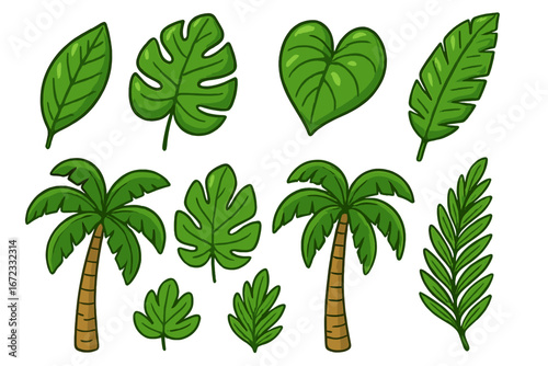Set of tropical leaves and palm trees. Vector cartoon illustration. Jungle foliage, monstera, banana leaf. Summer exotic nature design elements isolated on white background.