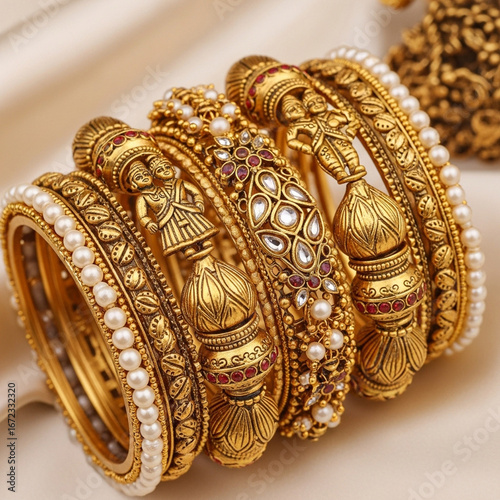 Traditional Indian Gold Bangle Set with Kundan & Temple Motifs Close‑Up Jewelry
